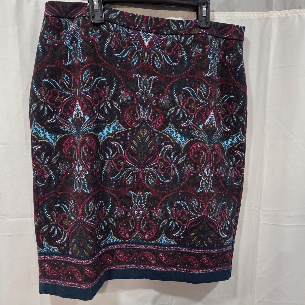 Talbots Dark Bohemian Paisley Pencil Skirt Sz 12 Eclectic Grandpa Office Multi